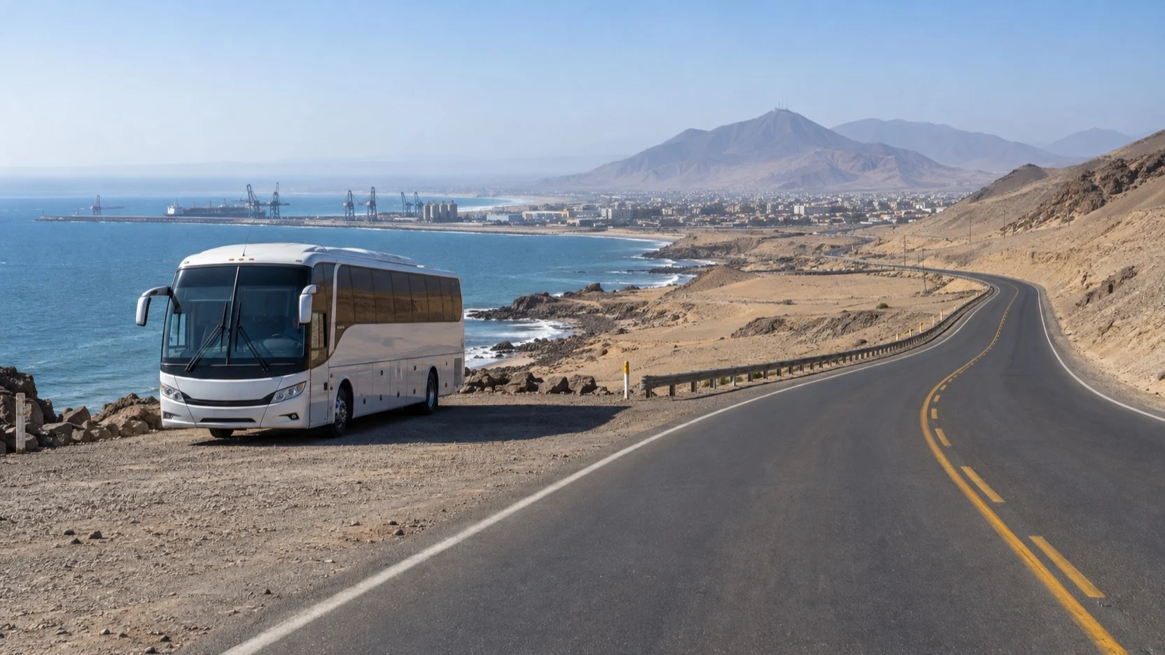 Excursion coach beside the coastal desert road from Salaverry to Trujillo