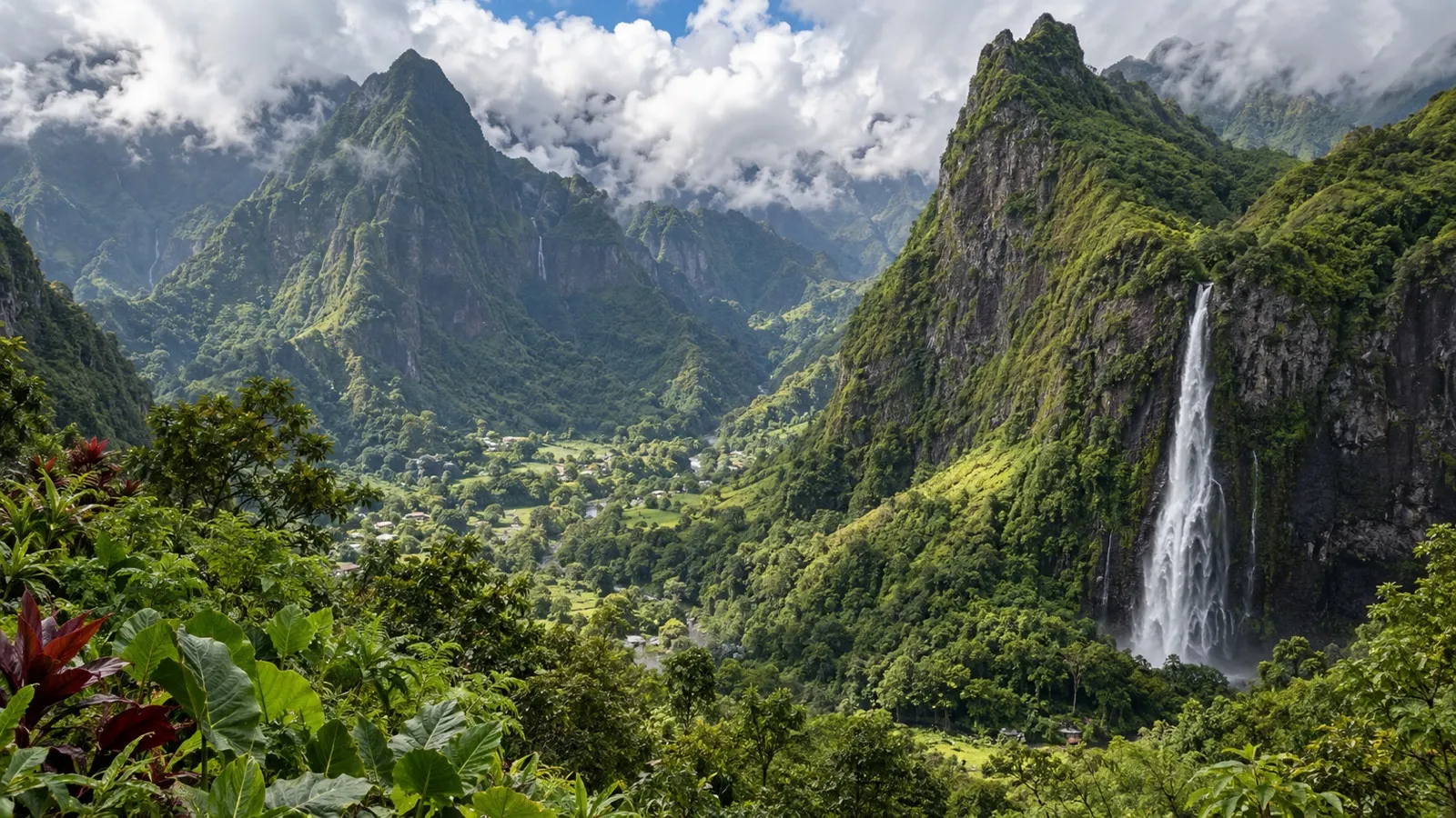 Green mountains and waterfall in Salazie cirque