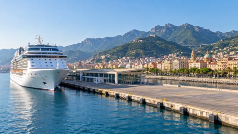 Cruise ship at Salerno terminal with the city and mountains behind