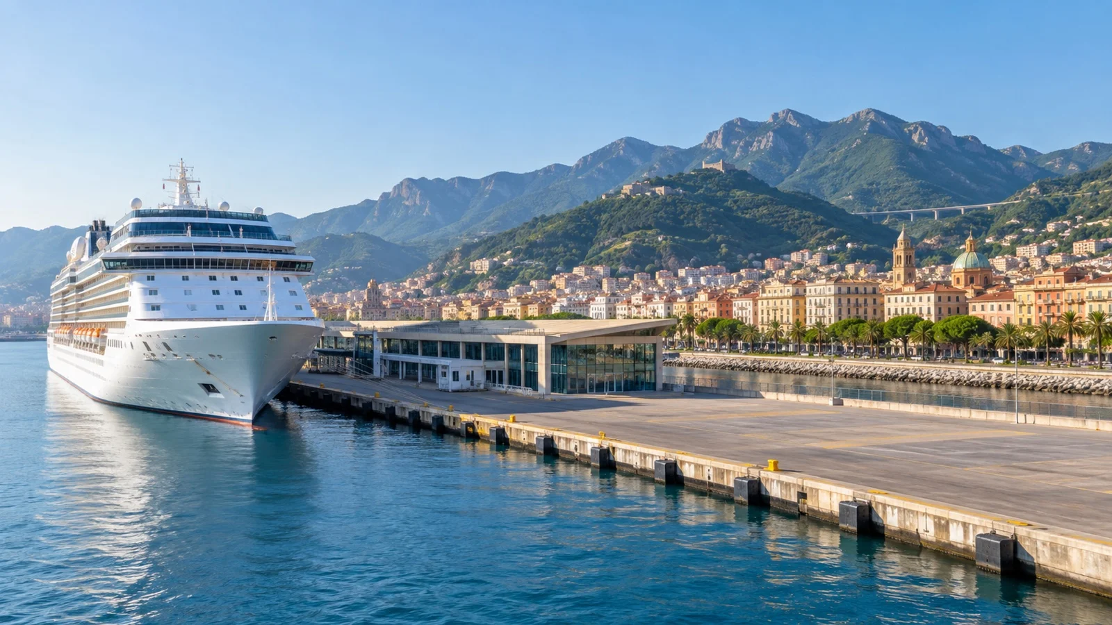 Cruise ship at Salerno terminal with the city and mountains behind