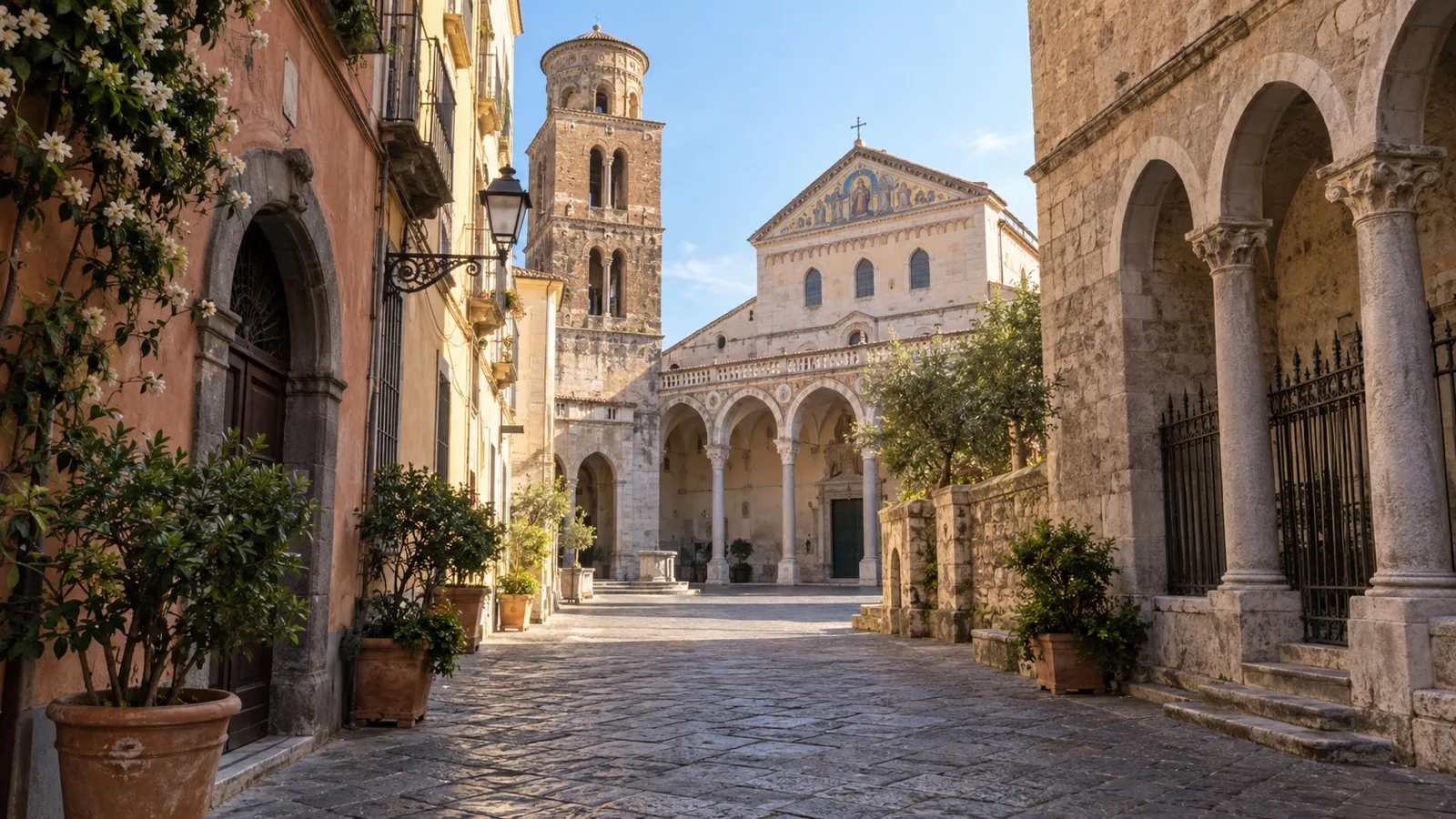 Historic Salerno stone street leading toward the cathedral