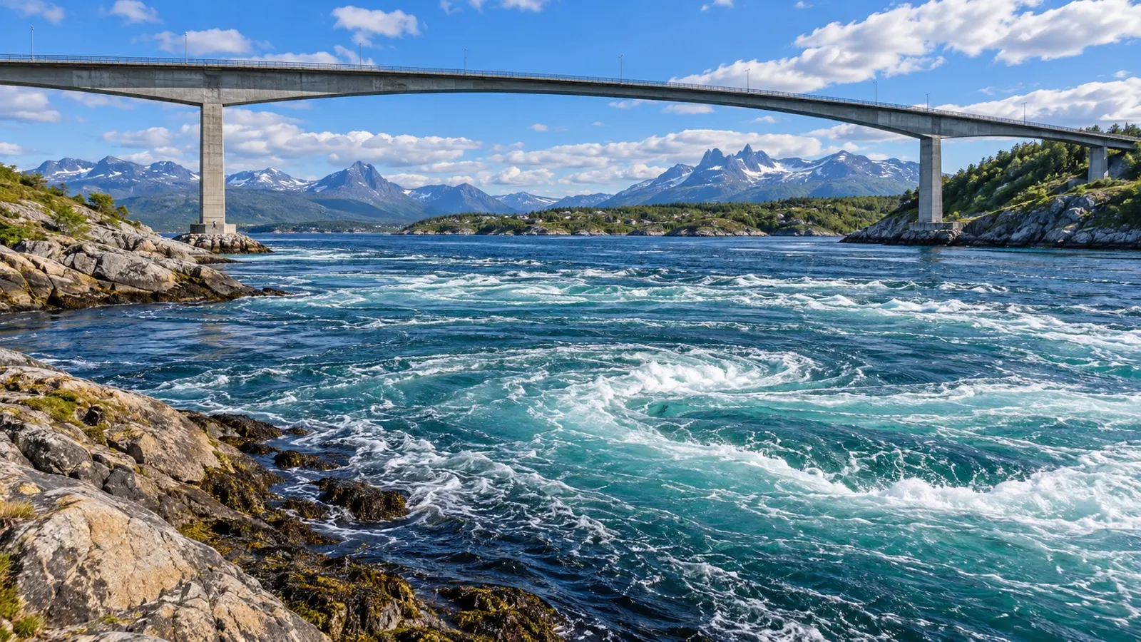 Strong tidal current swirling beneath Saltstraumen bridge