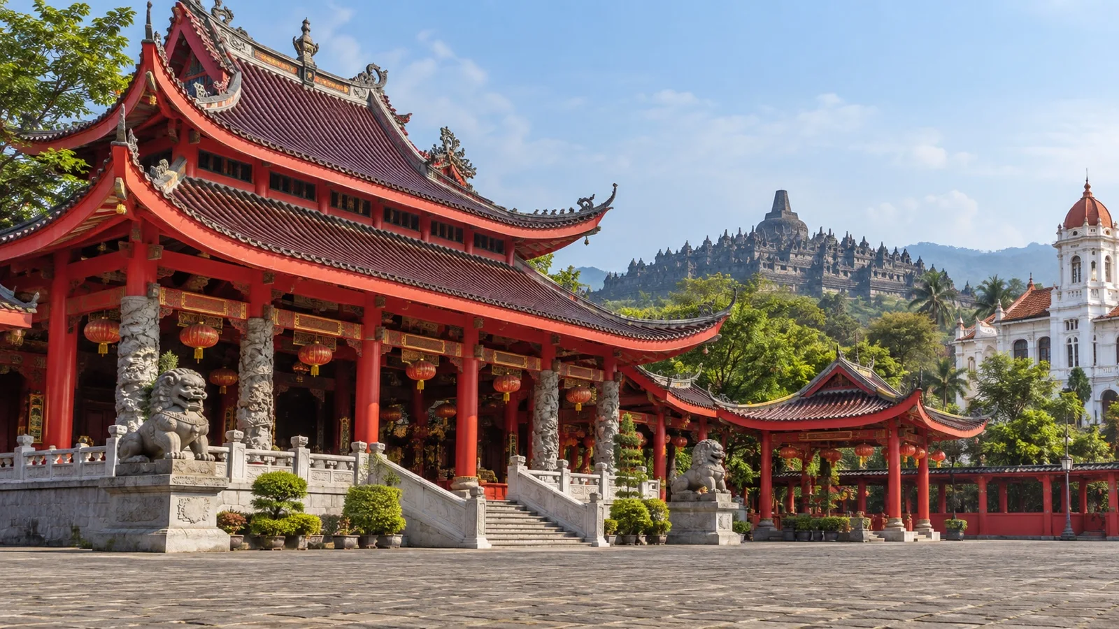 Red temple halls at Sam Poo Kong in Semarang
