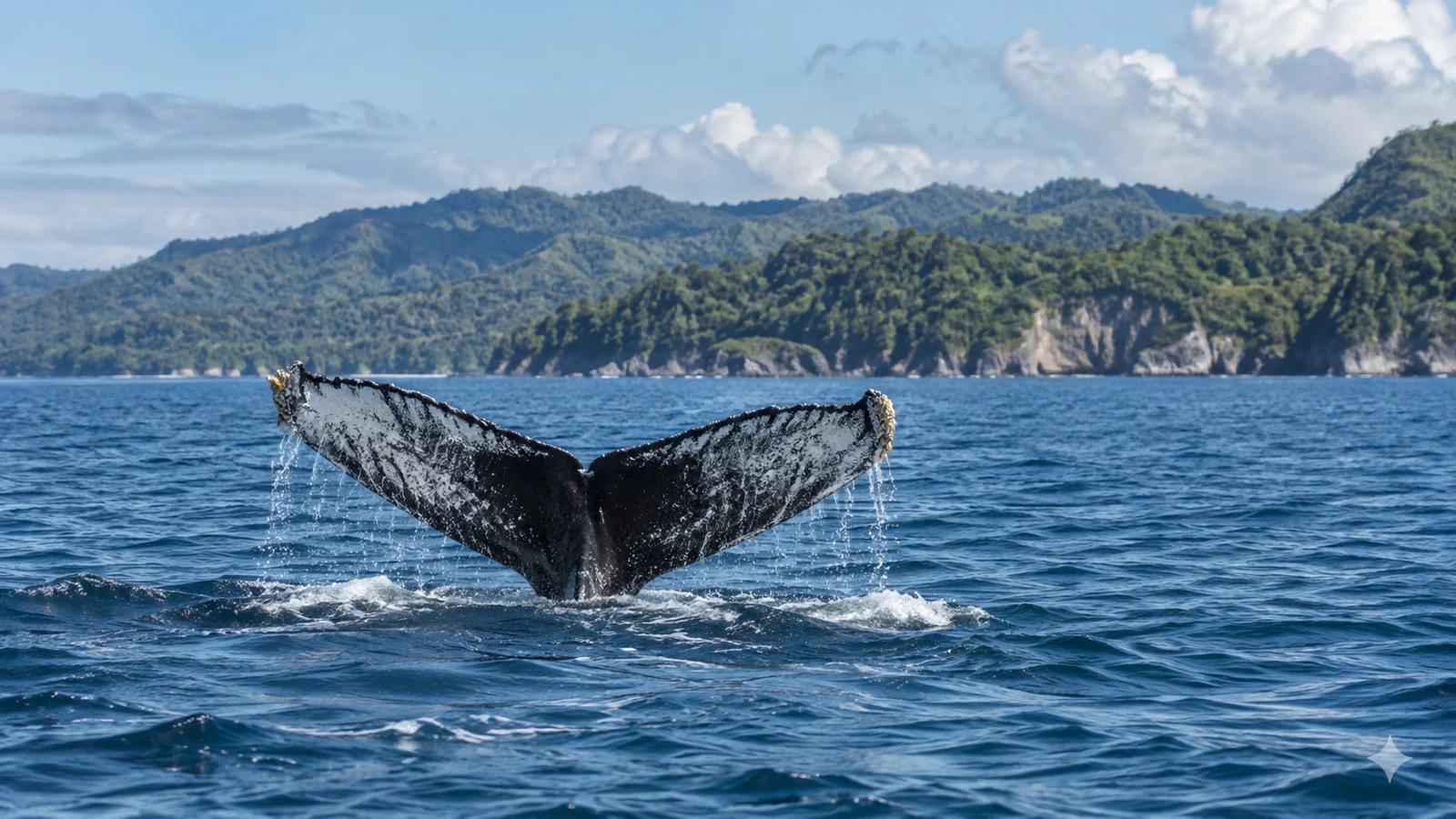 Humpback whale tail above the water in Samaná Bay