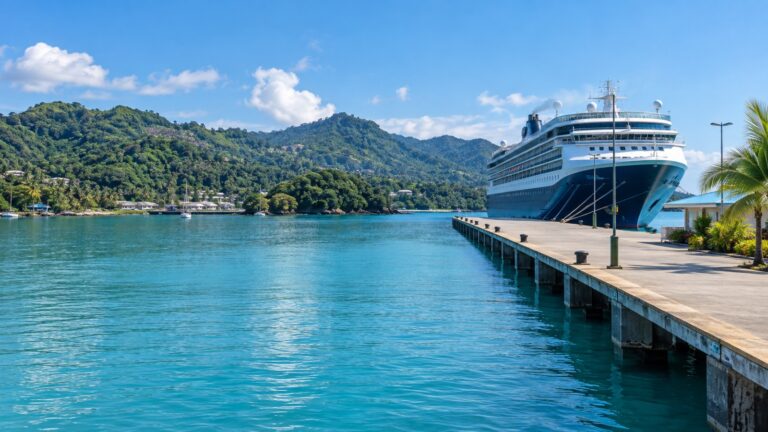 Cruise ship at Samaná Bayport beside the tropical Dominican coast