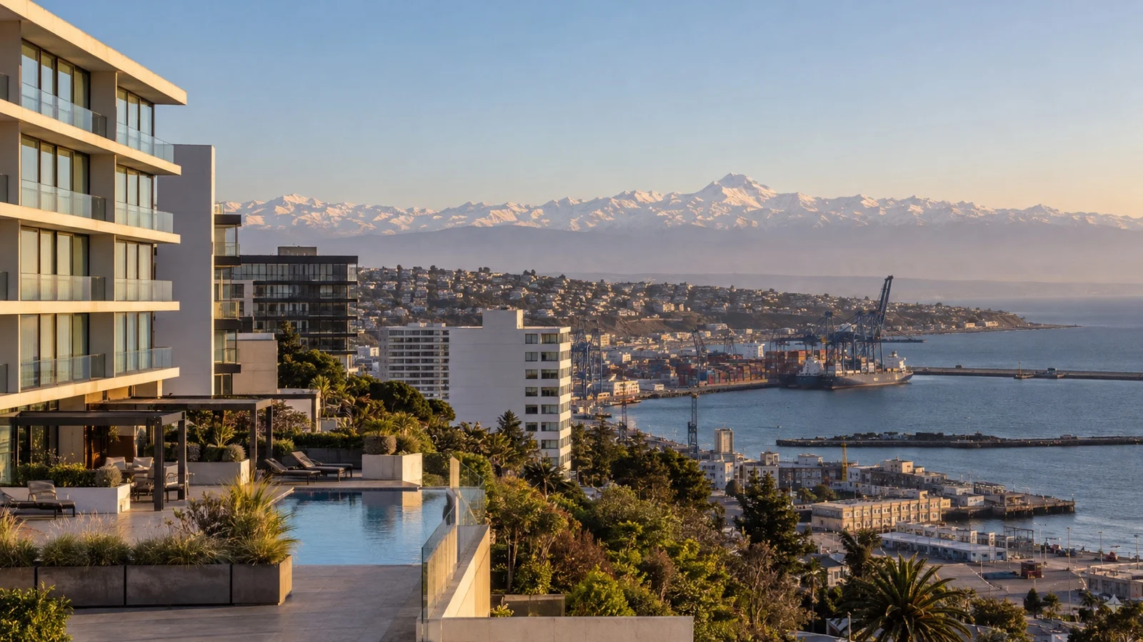 Modern Santiago hotel district with Andes mountains visible beyond the Chilean capital