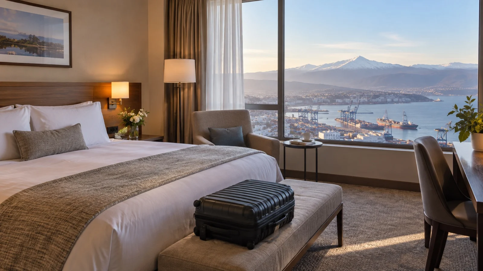 Comfortable airport hotel near Santiago with a packed suitcase and mountain views through the window