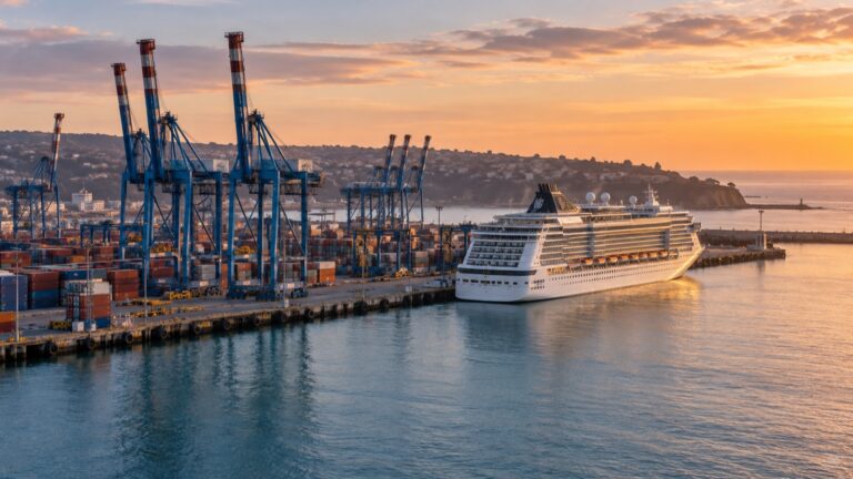 A cruise ship at San Antonio's working cargo port on Chile's Pacific coast