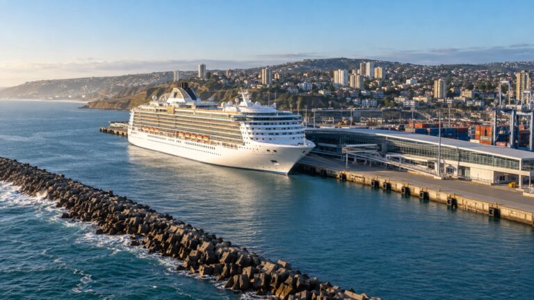 DP World San Antonio cruise terminal in Chile with a white cruise ship docked on the Pacific coast and port city behind