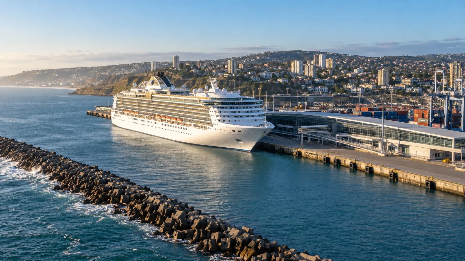 DP World San Antonio cruise terminal in Chile with a white cruise ship docked on the Pacific coast and port city behind
