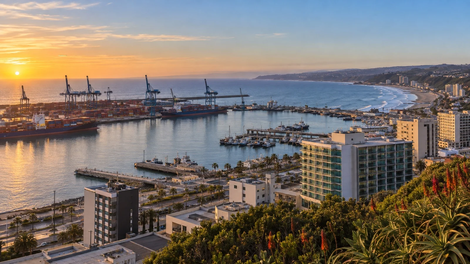 Panoramic San Antonio Chile harbor, city hotels and Pacific coastline