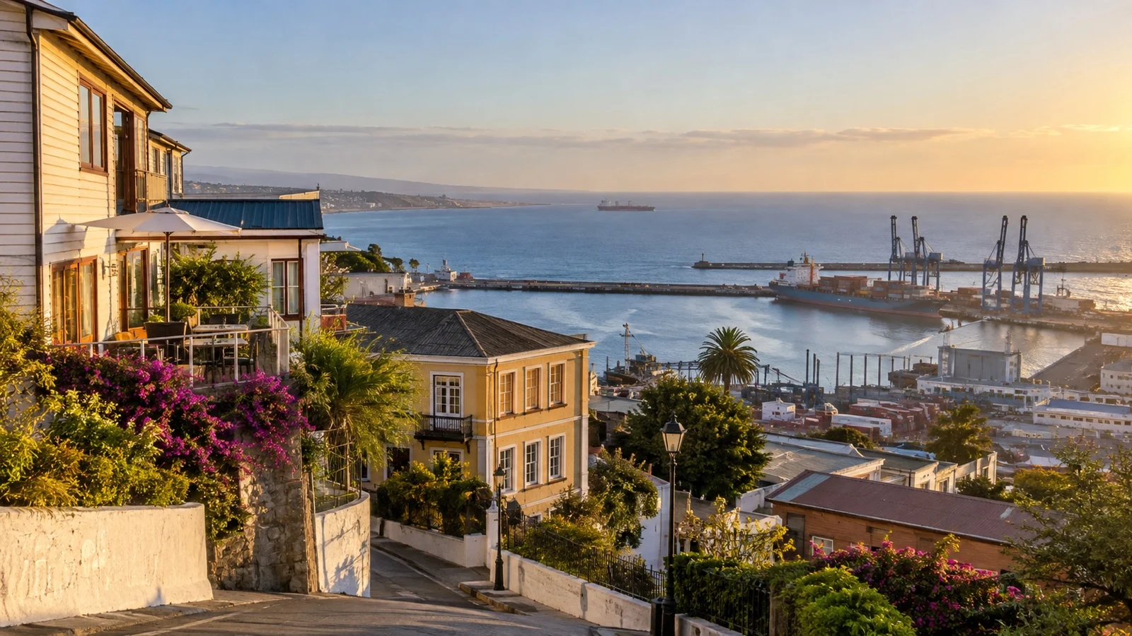 Coastal San Antonio Chile with small hotels near the port and broad Pacific horizon
