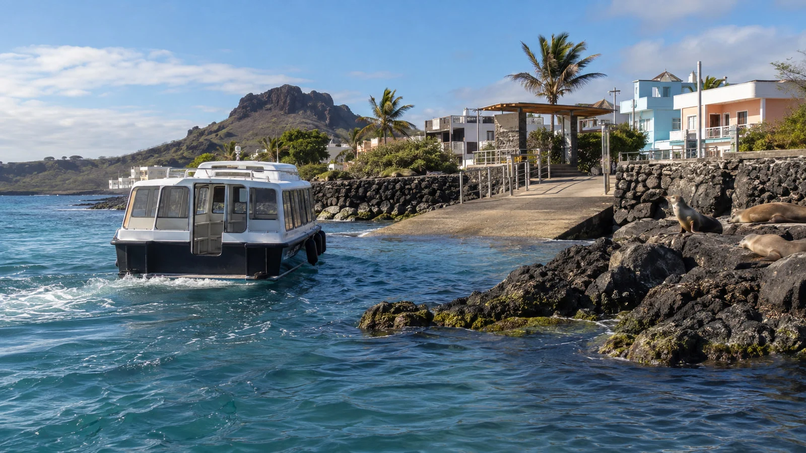 Cruise tender approaching Puerto Baquerizo Moreno's low waterfront landing