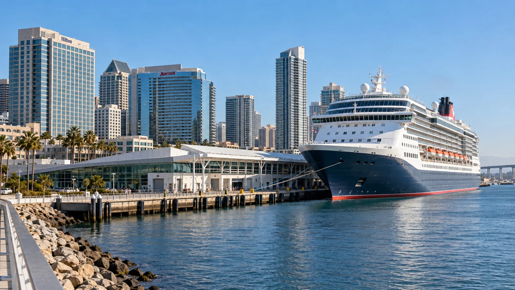 Cruise ship at B Street Pier beside San Diego’s downtown hotels