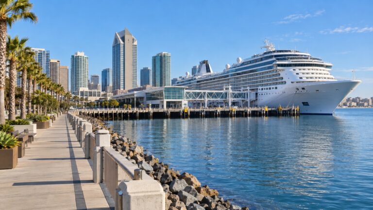 Cruise ship at San Diego B Street Pier beside the downtown waterfront