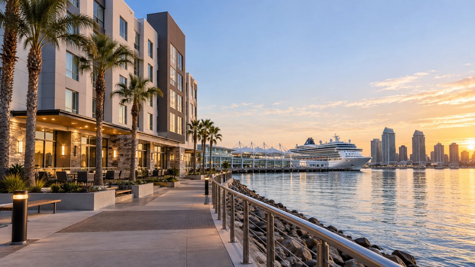 Waterfront hotel area near Bayfront Court and San Diego’s cruise piers