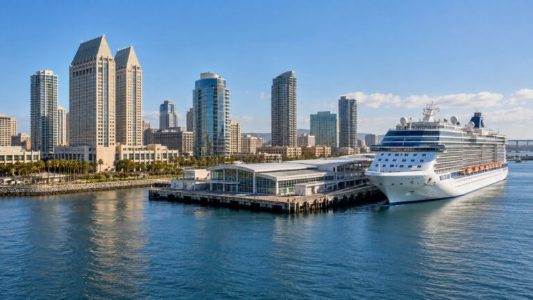 Cruise ship at San Diego’s Embarcadero beside downtown waterfront hotels
