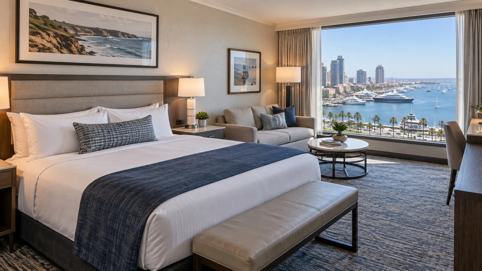 Suite-style hotel room overlooking San Diego Bay for comparing room types