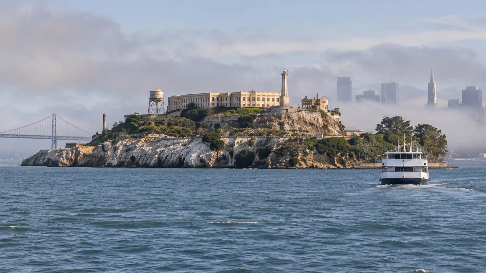 Alcatraz Island and a ferry on San Francisco Bay