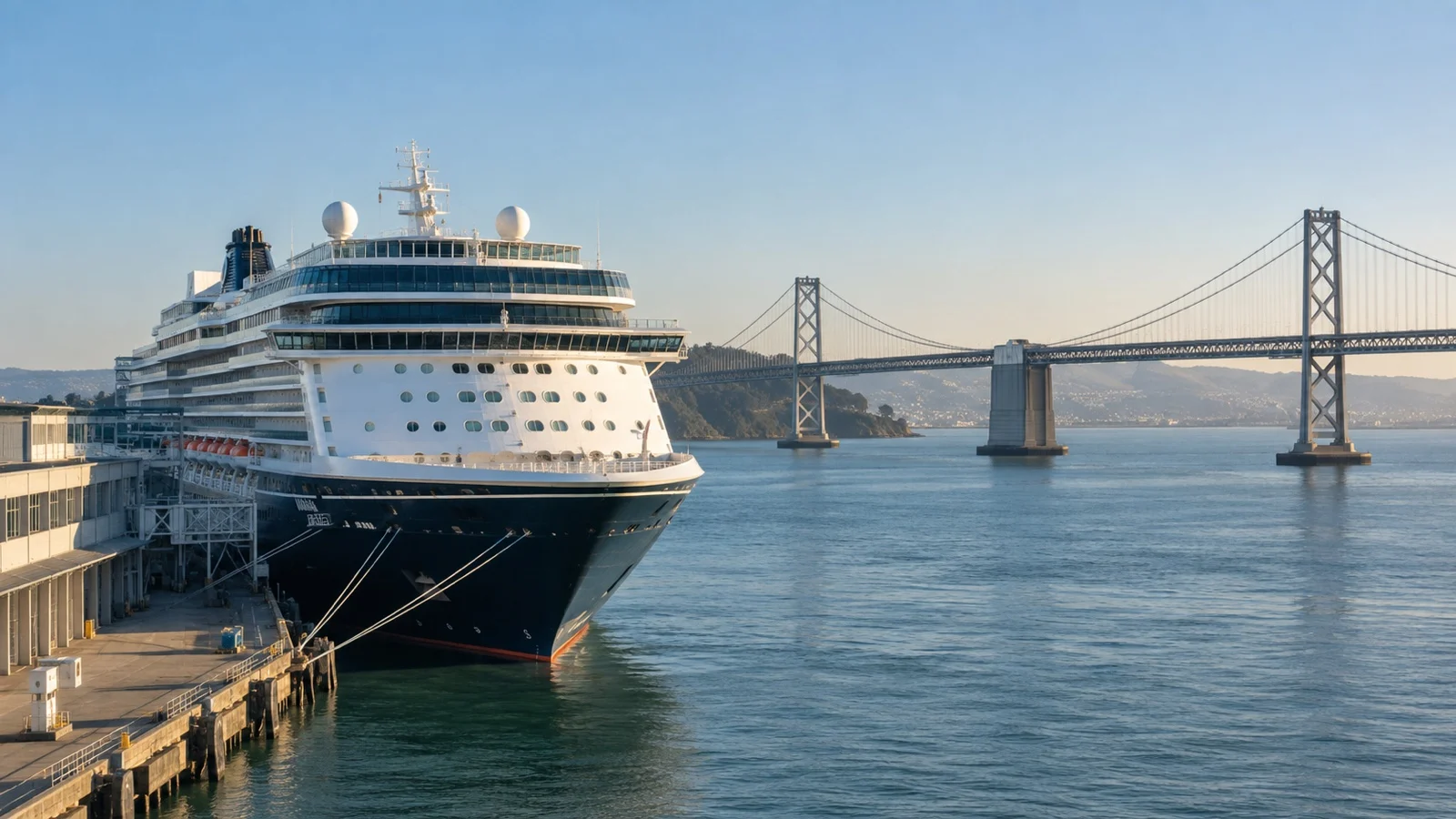 Cruise ship docked at San Francisco Pier 27 with Bay Bridge
