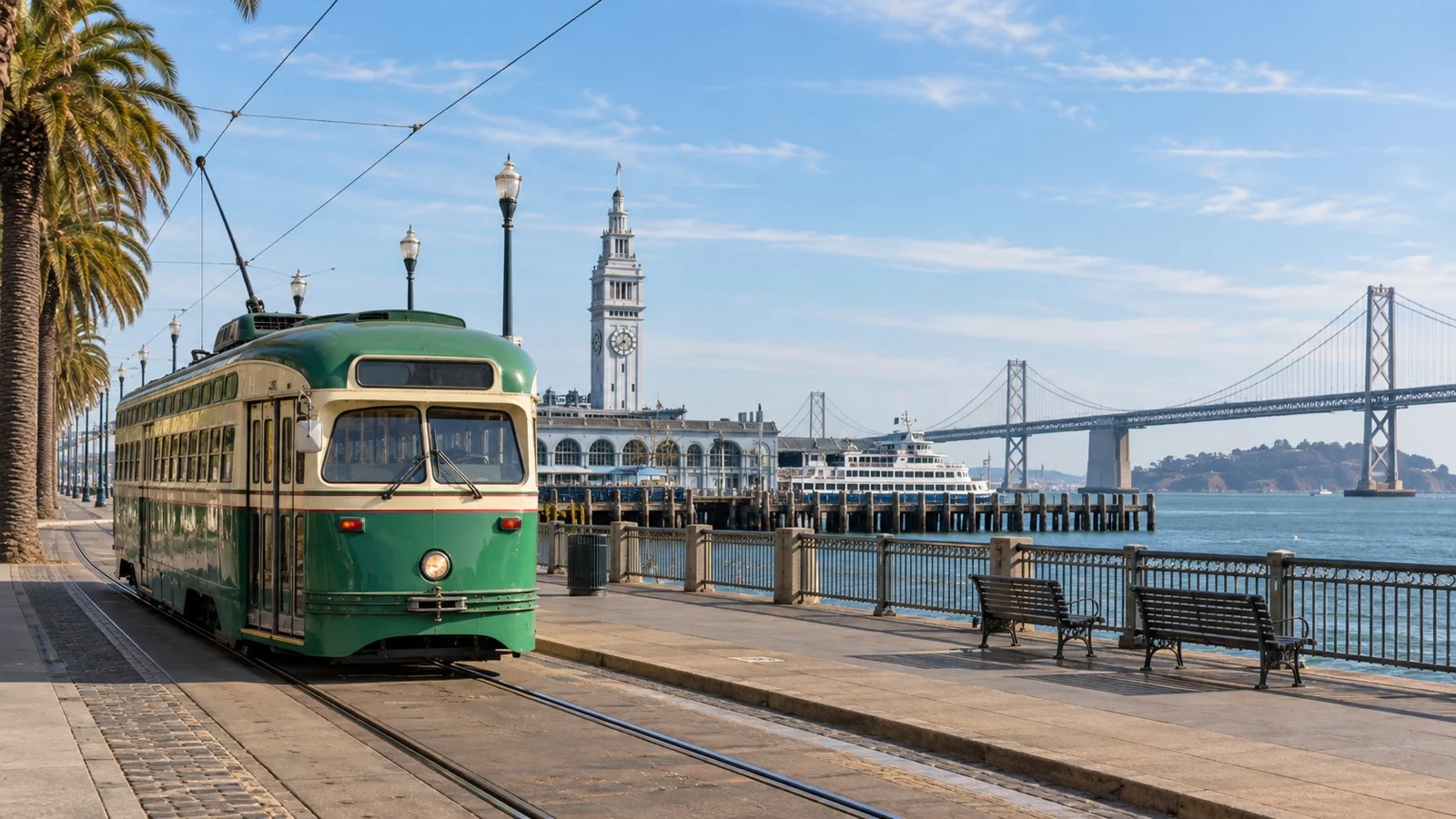 Historic streetcar on the Embarcadero beside San Francisco Bay
