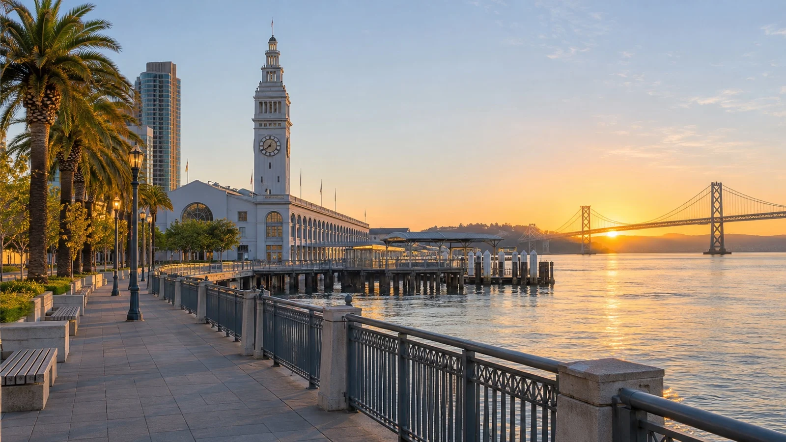 San Francisco Ferry Building and quiet Embarcadero waterfront at sunrise