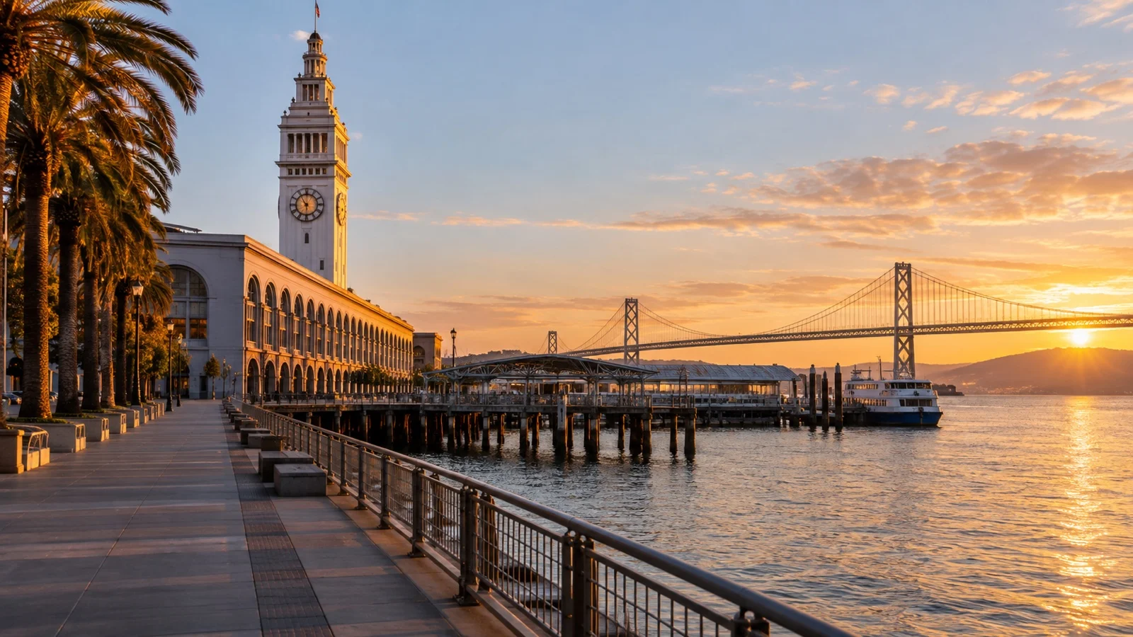 San Francisco Ferry Building and its clock tower beside the waterfront promenade