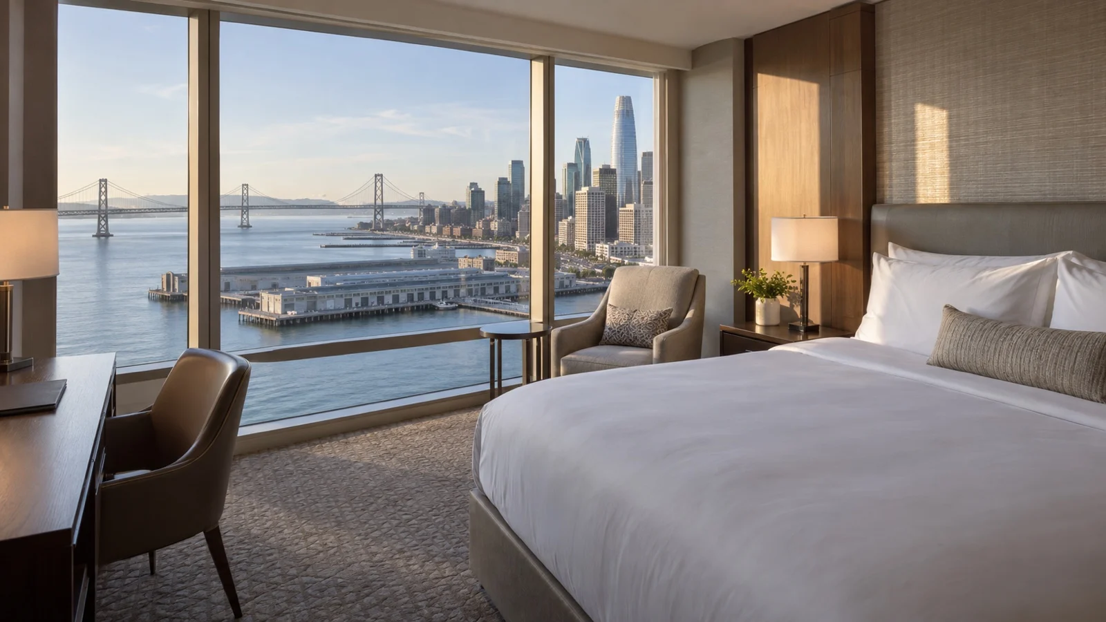 Empty unbranded San Francisco hotel room with bay and city view