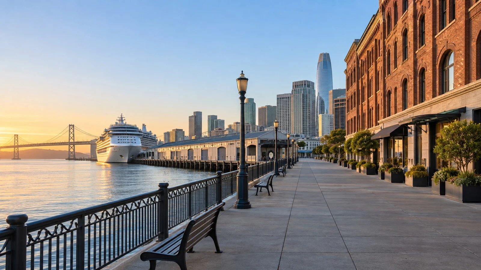 Empty Embarcadero waterfront near San Francisco Pier 27 with historic brick hotel buildings