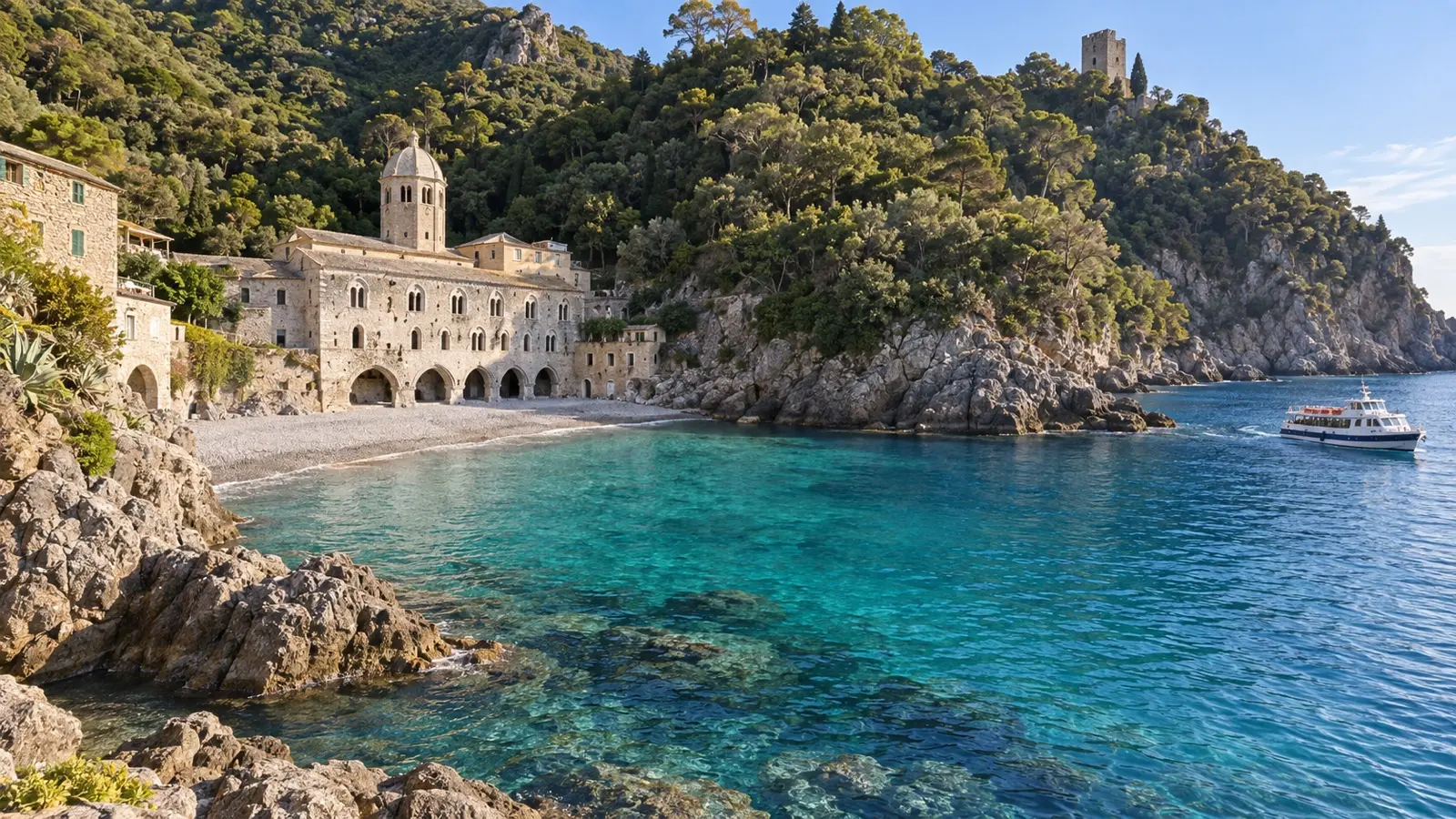 Stone abbey and beach in the sheltered cove of San Fruttuoso