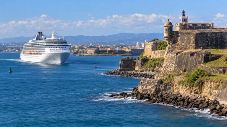 Cruise ship passing El Morro fortress at the entrance to San Juan Bay