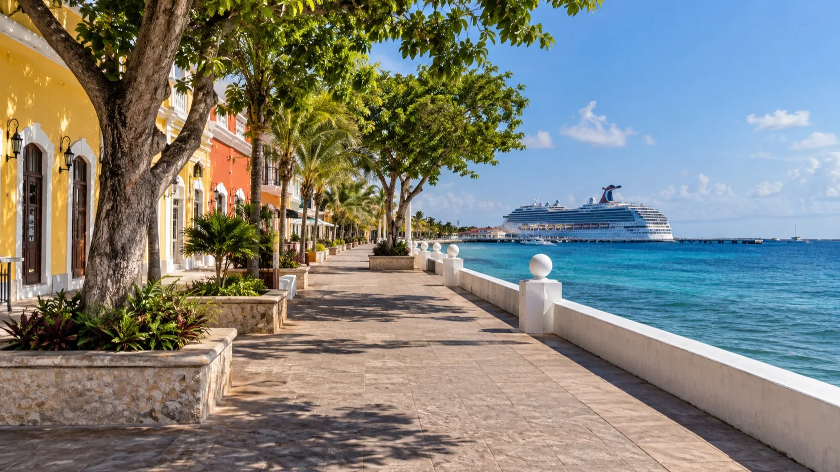 Shaded waterfront promenade in San Miguel, Cozumel