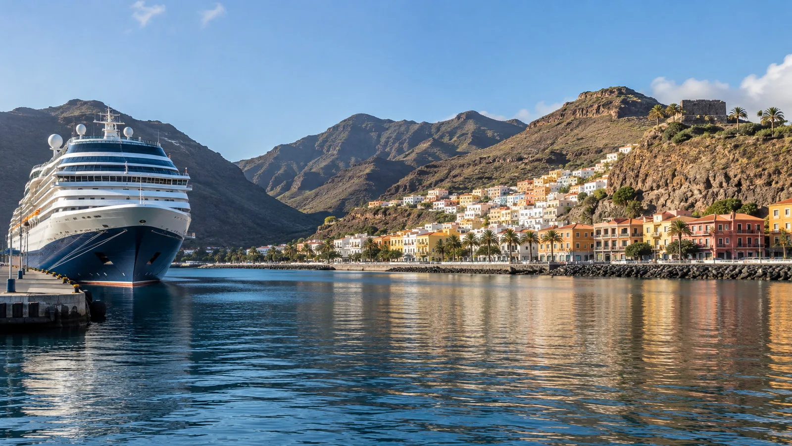 Cruise vessel at San Sebastian de la Gomera harbor Canary Islands with colorful waterfront town and volcanic hills, no people