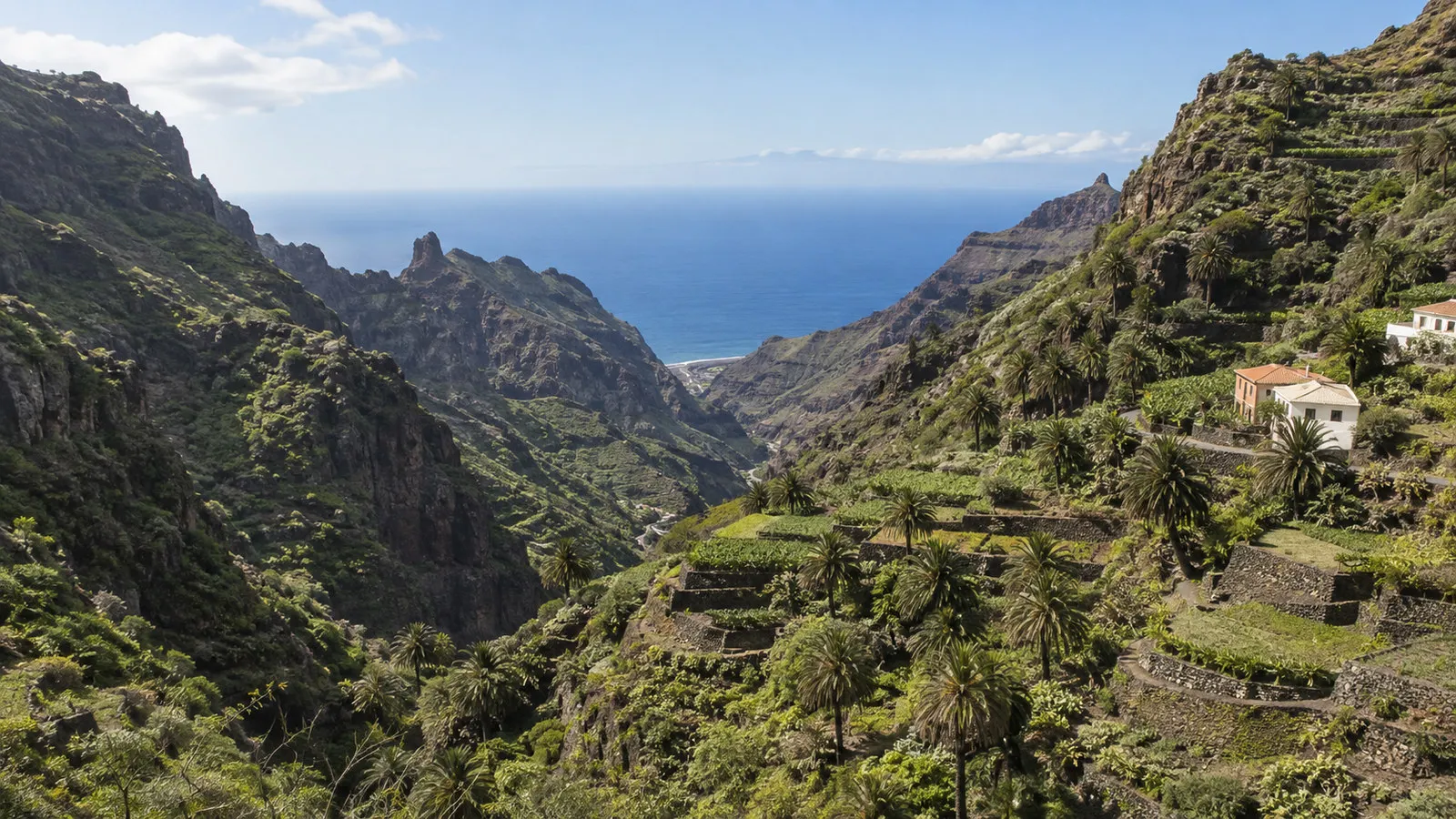 Deep La Gomera volcanic ravines and terraced hillsides associated with island whistling tradition, no people