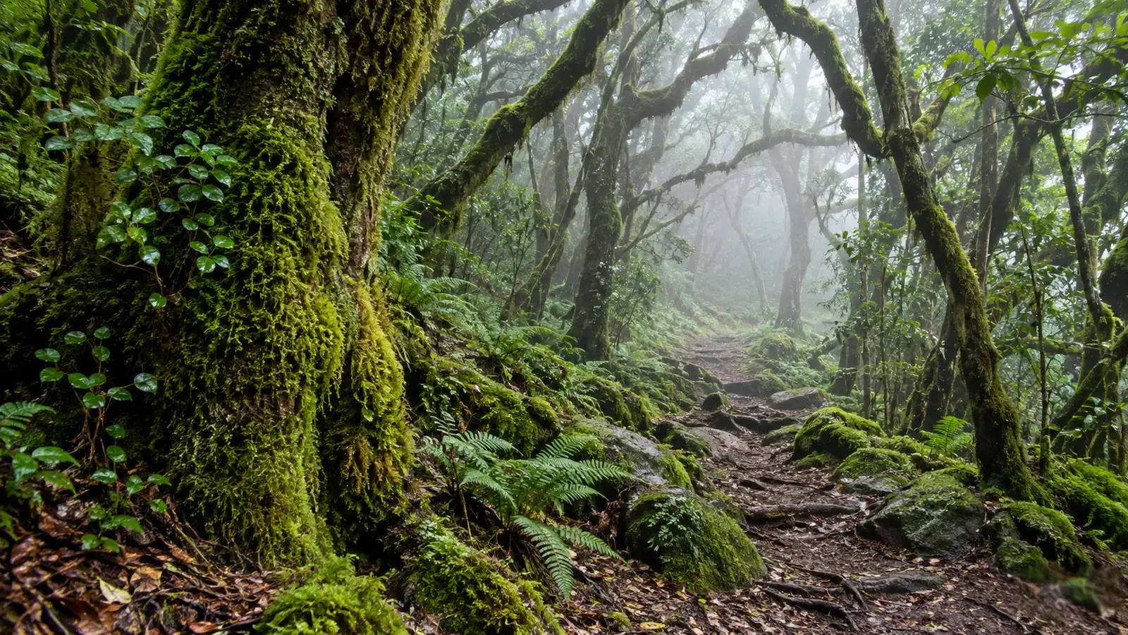Garajonay National Park La Gomera ancient laurel cloud forest with mossy trees and mist, no people