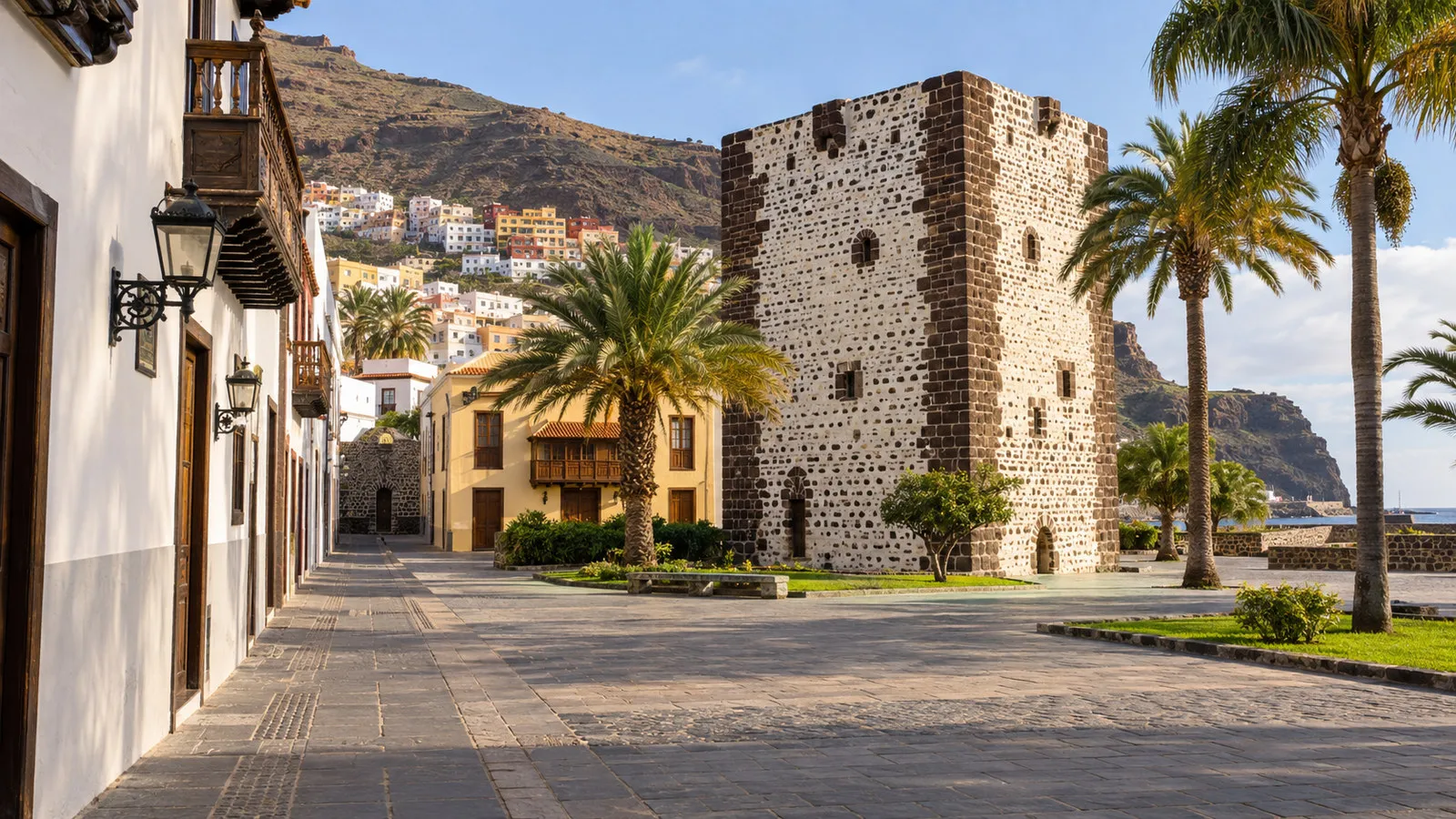 Quiet San Sebastian de la Gomera old town street and Torre del Conde stone tower with palms, no people