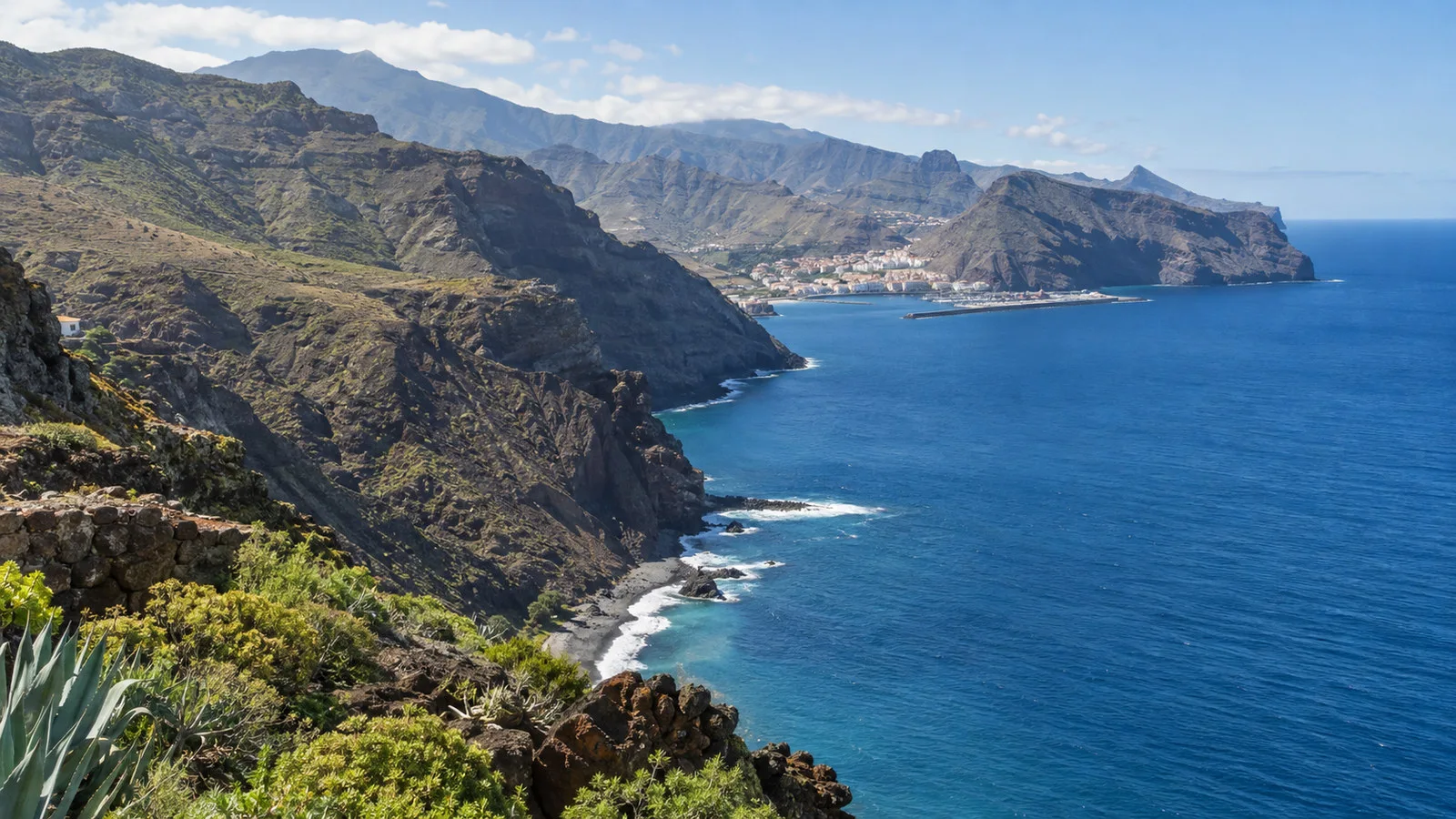Scenic La Gomera rugged coast and mountain viewpoints beyond San Sebastian with blue Atlantic, no people