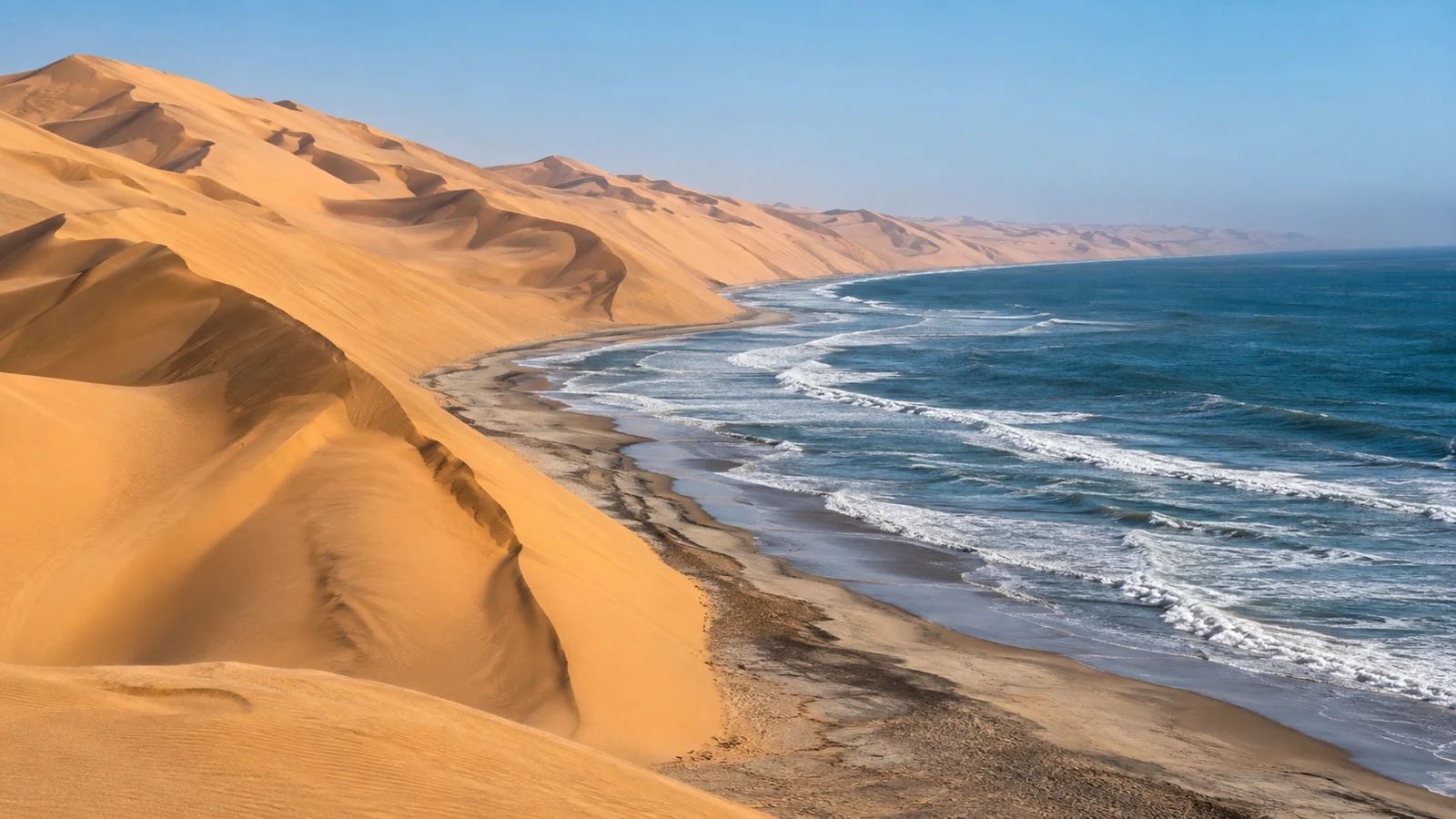 Namib dunes descending to the Atlantic at Sandwich Harbour