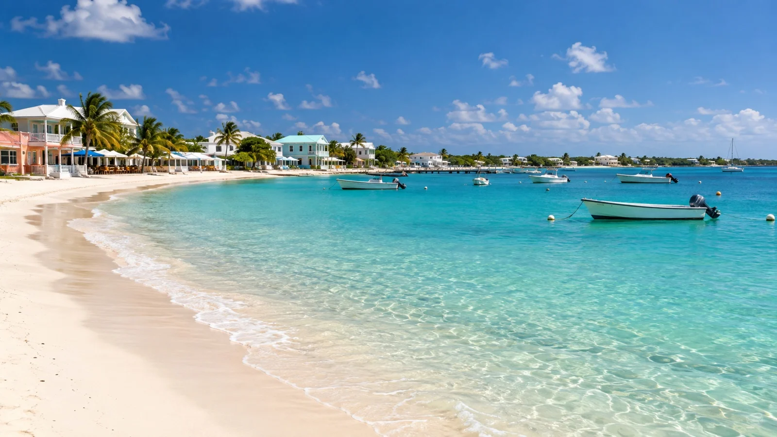 White sand and low village buildings at Sandy Ground Anguilla