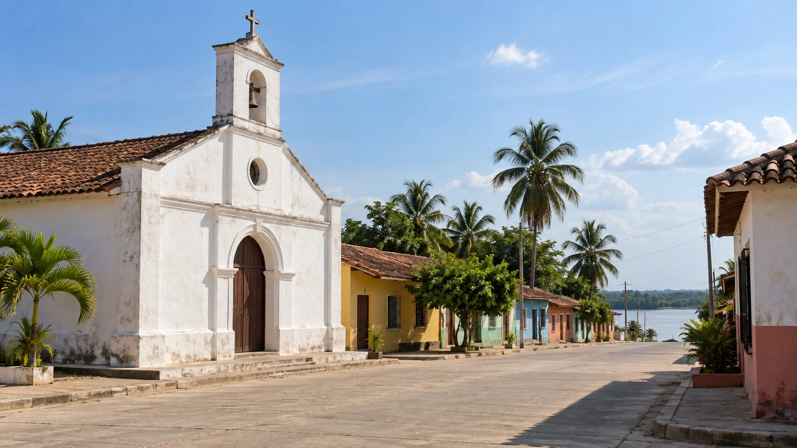 Parish church and lowland streets of Santa Bárbara de Pinto, Colombia