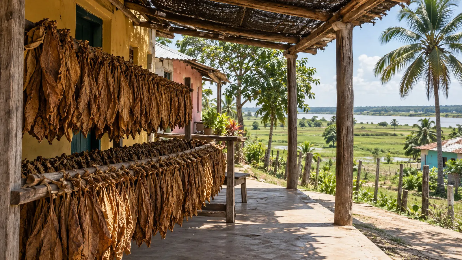 Tobacco leaves drying under a shaded porch in Santa Bárbara de Pinto