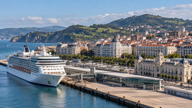 Cruise ship at Santander city terminal beside the bay