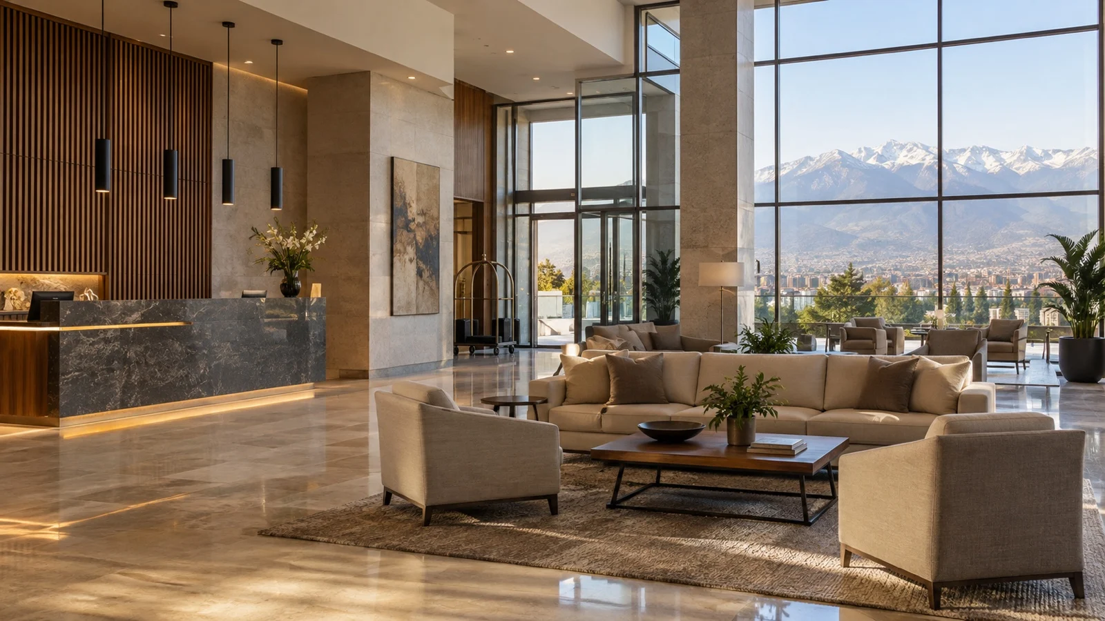 Empty unbranded airport hotel lobby near Santiago, Chile, illustrating a pre-cruise stay