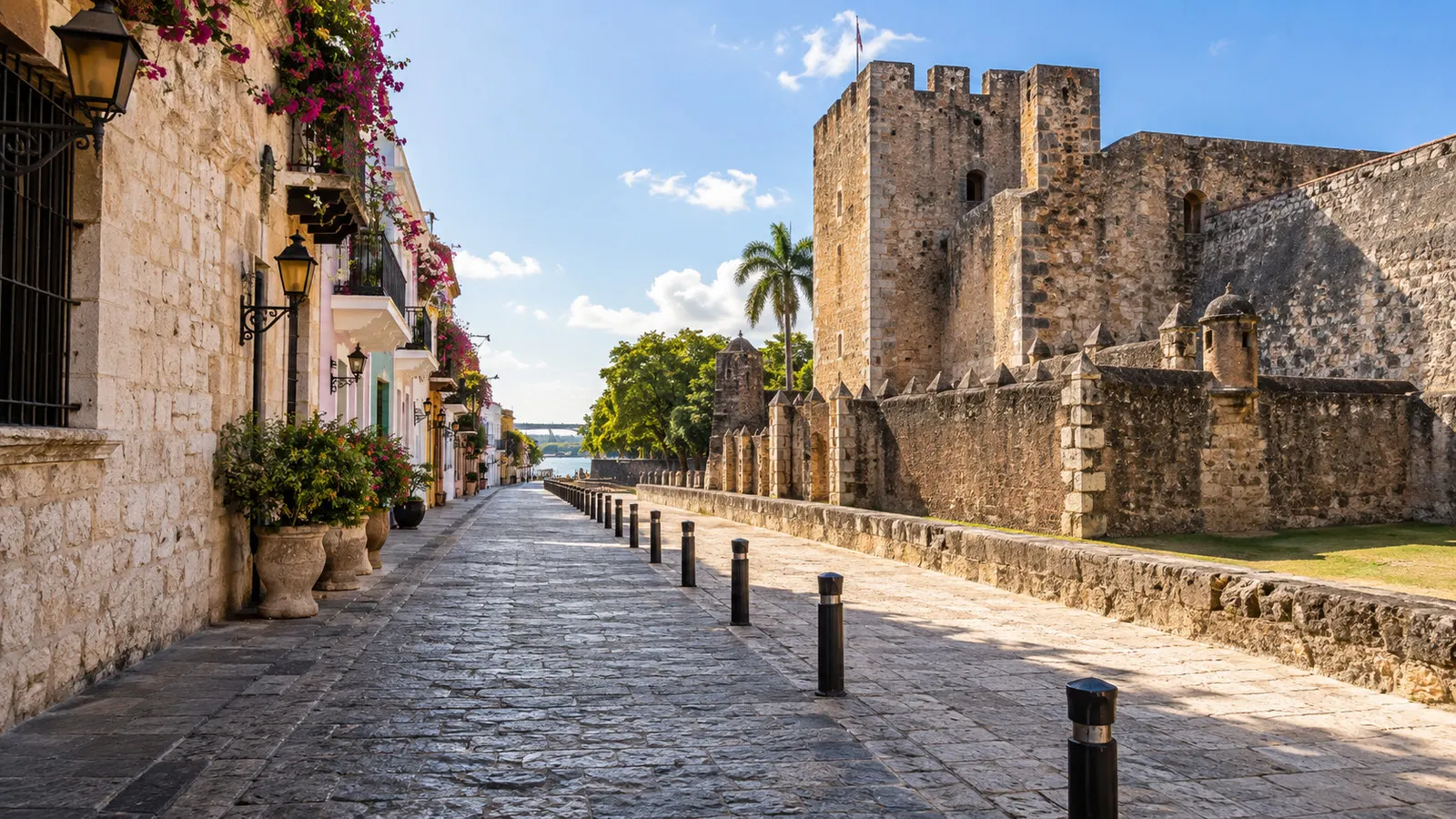 Cobblestone Calle Las Damas and Fortaleza Ozama walls