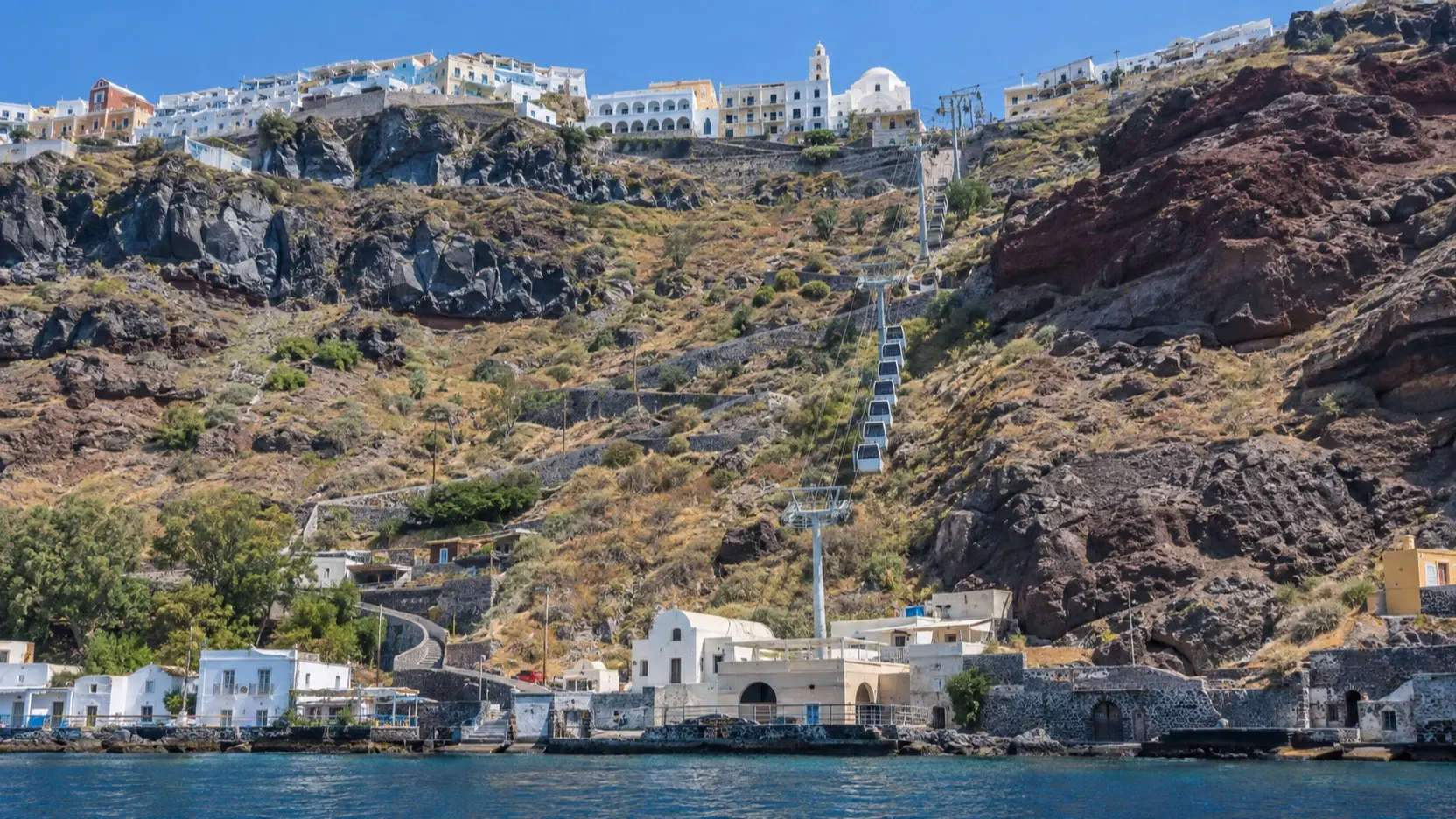 Cable car climbing the Santorini cliff between Old Port and Fira
