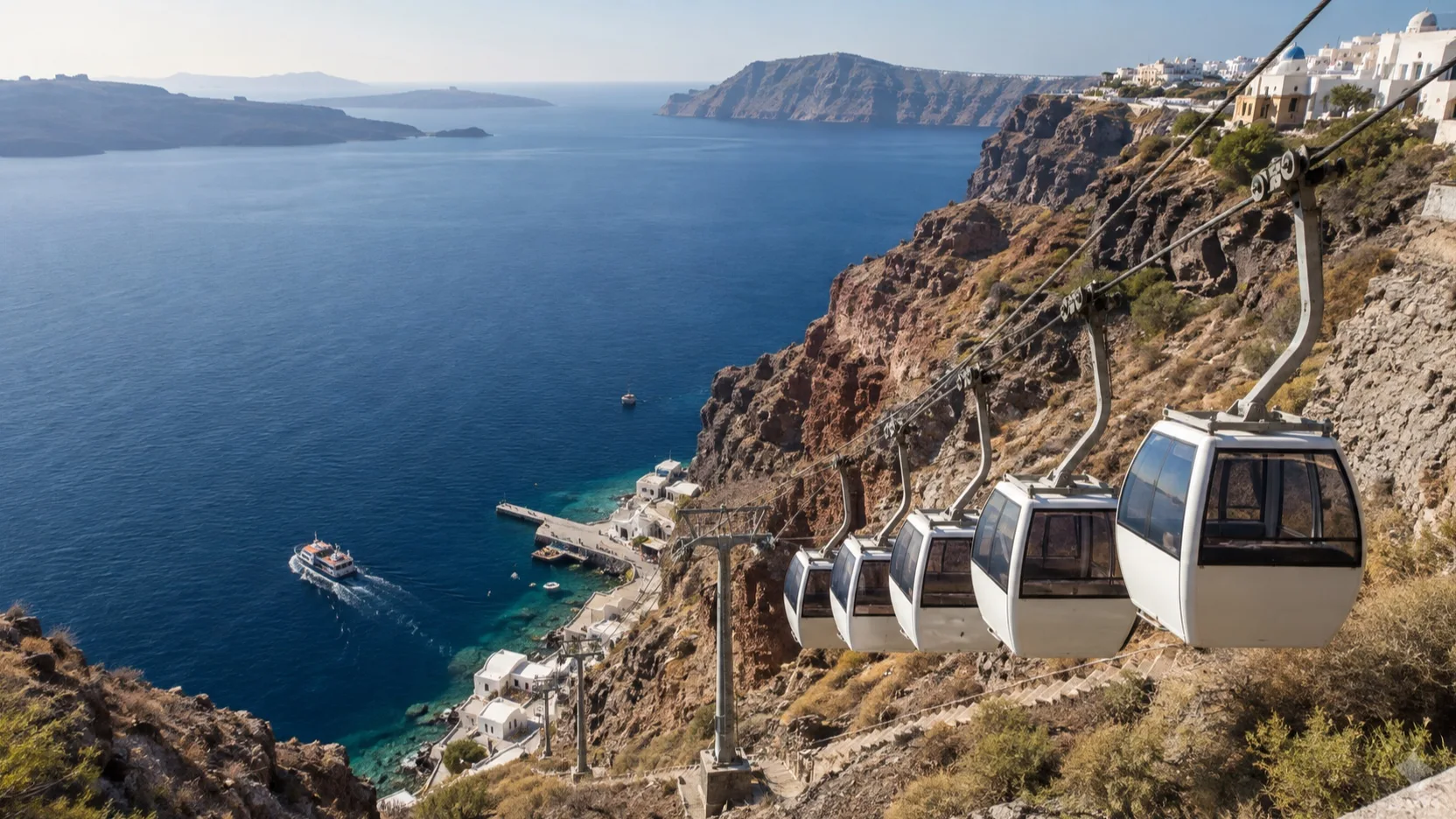 Cable car descending Santorini's caldera cliffs to the old port
