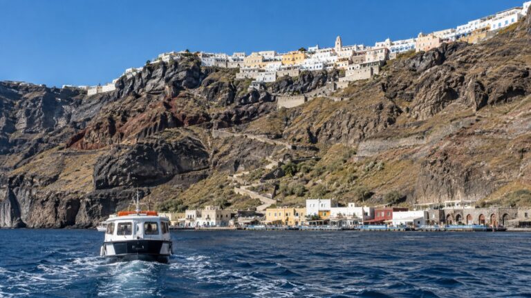 Tender boat arriving at Skala Fira below Santorini’s cliffs
