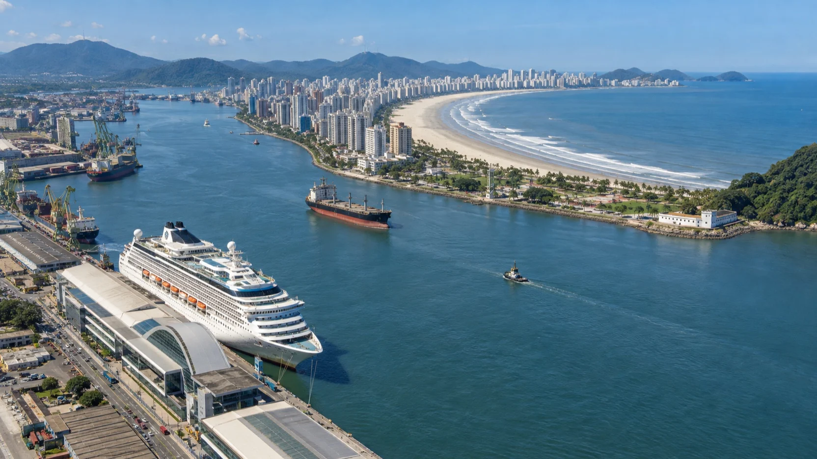 Aerial view of Santos port and Atlantic beachfront