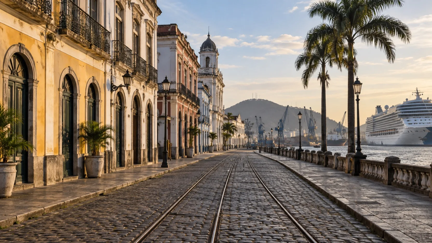 Historic Santos street with tram tracks near the port