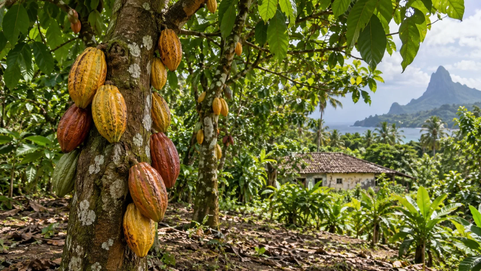 Cocoa pods growing on a tree at a São Tomé plantation